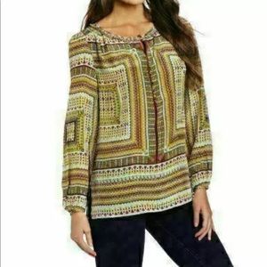 Robert Graham Silk Navajo Tribal Brass Button Blouse